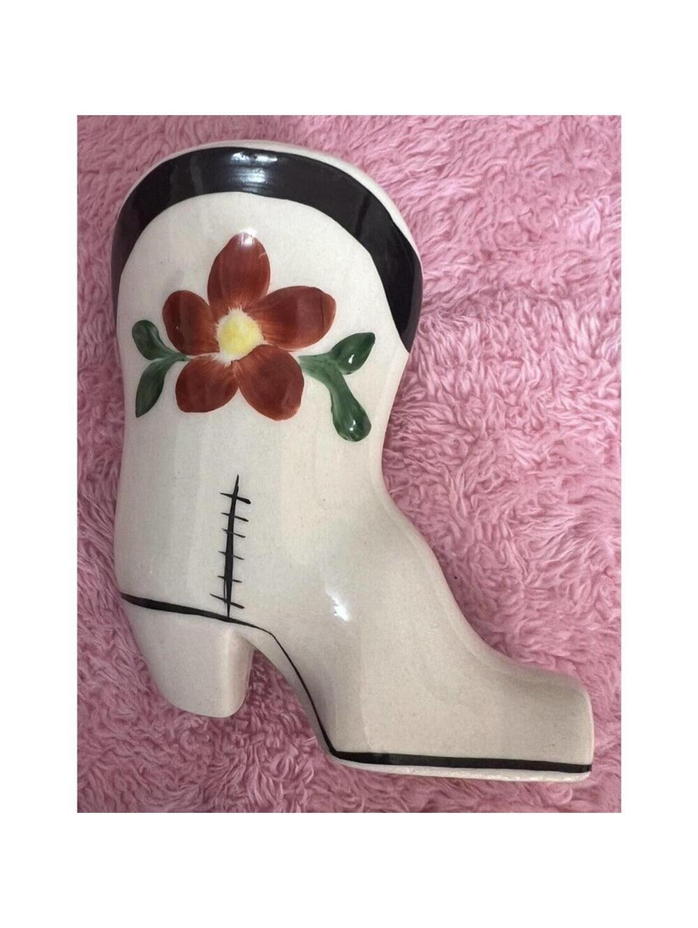 DECOR Vintage Ceramic Boot Shaped Planter with Floral Design 4.5” tall, 4” wide